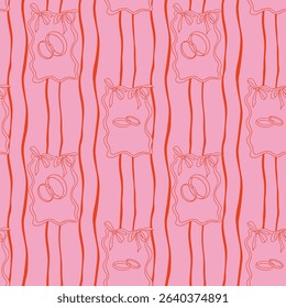 Romantic seamless pattern with wedding rings, bows and frames on a pink striped background. Concept represents love, celebration and elegant wedding aesthetics