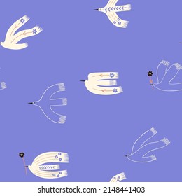 Romantic seamless pattern with white flying birds. Freedom and peace symbol. Folk art bohemian wrapping paper or wallpaper design.
