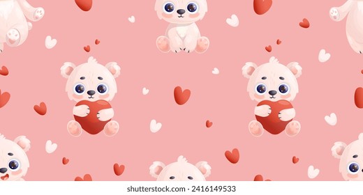 Romantic seamless pattern with white polar bear with hearts on pink background. Vector illustration valentine backdrop in cartoon style for design, wallpaper, packaging, textile