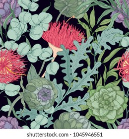 Romantic seamless pattern with wild blooming flowers and herbs used in floristry hand drawn on black background. Botanical vector illustration in antique style for textile print, wrapping paper.