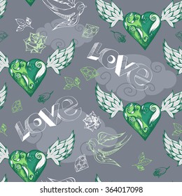 Romantic seamless pattern with winged hearts. Valentine's Day print design.