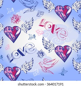Romantic seamless pattern with winged hearts. Valentine's Day print design.