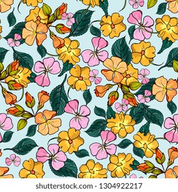 romantic seamless pattern with yellow and pink flowers of geranium and leaves on a blue background.Bright background for cards,paper wrapper and other objects.Hand drawing vector,vintage style, sketch