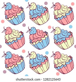 Romantic seamless pattern.Hand drawn cupcake with cream and strawberry   . Vector background, pastel colors in vintage flat style. 