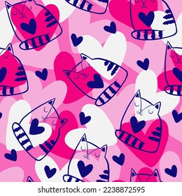 
Romantic seamless patterns of a cat wearing glasses and a pussy kitten. Set of heart sketch elements. Valentine's Day. Love repeats background for a girl, textile, clothing, wra