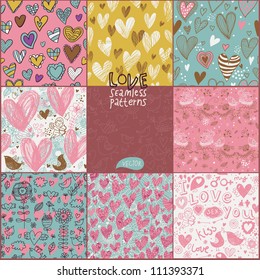 Romantic seamless patterns. Vector set. Cartoon patterns for cute wallpapers