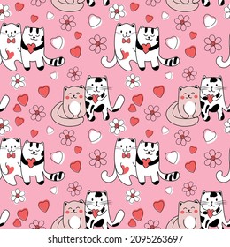 Romantic seamless pink pattern. Pattern with cats, flowers and hearts. Valentine's and woman day concept is for wallpaper, wrapping paper, scrapbooking, textile.