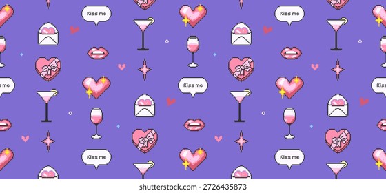 Romántico patrón de píxeles sin fisuras con corazones, besos, cócteles y mensajes de amor. Ilustración retro de 8 bits sobre fondo púrpura, para diseños de San Valentín, textiles, papelería y uso digital.