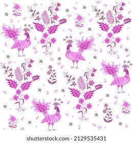 Romantic seamless print for fabric with bright pink fairy peacocks, bouquets of flowers and small paisleys on a white background in vector.