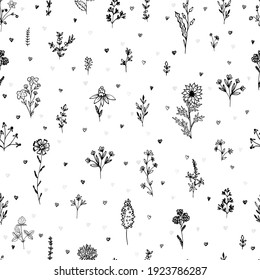 Impresión romántica sin fisuras con flores dibujadas a mano, ramas, hierbas y corazones. Impresión monocroma.