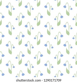 Romantic seamless Scandinavian pattern with blue bellflowers and green leaves. Pastel colours, white background, flat style vector illustration.