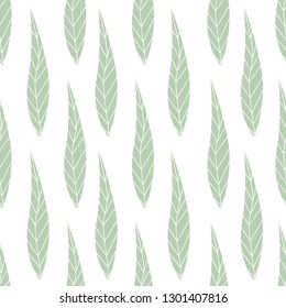Romantic seamless Scandinavian pattern with green leaves. Pastel colours, white background, flat style vector illustration.