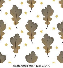 Romantic seamless Scandinavian pattern with oak leaves and yellow stars. White background. Flat cartoon style vector illustration.
