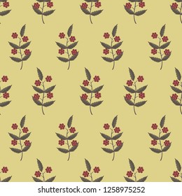Romantic seamless Scandinavian pattern with rowan berries and leaves. Golden yellow background. Flat cartoon style vector illustration.