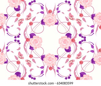 romantic seamless texture with roses and butterflies