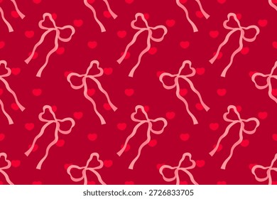 Romantisches nahtloses Valentinsmuster mit Bögen und kleinen Herzsymbolen auf rotem Hintergrund. Geeignet für Karten, Verpackungen, Gewebe und Tapeten.