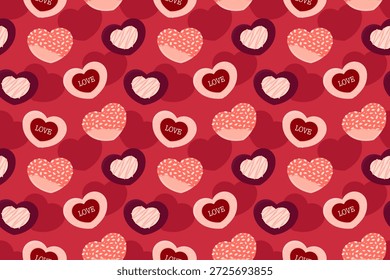Romântico sem emenda Valentine padrão com coração biscoitos decorados por chocolate, geleia e amêndoas. Perfeito para embalagens de alimentos, design de padaria, papéis de parede e têxteis.