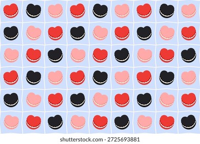 Romantic seamless Valentine pattern with heart-shaped macarons in red, pink, and black on blue background. Great for packaging, fabric, and stylish dessert designs.