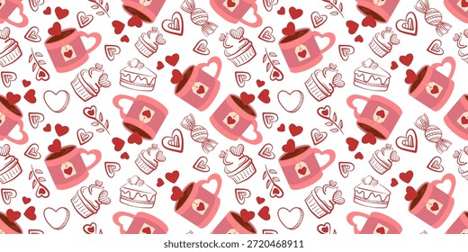 Patrón romántico sin fisuras de San Valentín con taza rosa con bebida caliente, corazones, rosas y dulces. Ideal para la impresión de la tela, papel de embalaje, papelería y diseños temáticos del amor