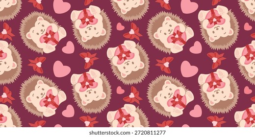 Patrón romántico sin fisuras de San Valentín con lindo erizo con regalo, corazones y lazos sobre fondo rosa oscuro. Perfecto para la impresión textil, papel de embalaje, tela y diseños festivos