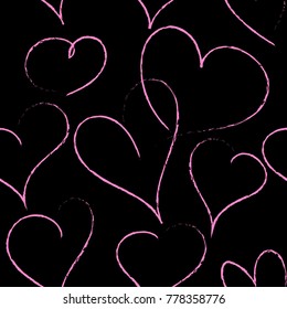 Romantic seamless vector background with the pattern of the pink hand-drawn hearts on the black background