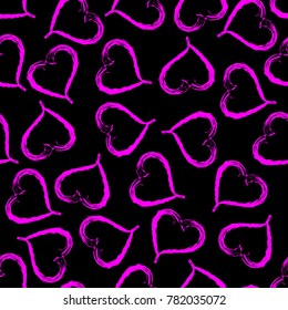 Romantic seamless vector background with the pattern of the pink hand-drawn hearts on the black background