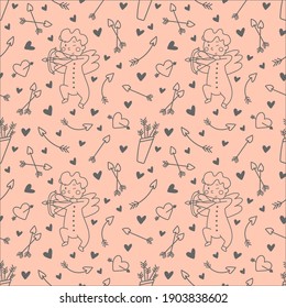 Romántico fondo vectorial sin fisuras para el día de San Valentín, boda. Elementos pequeños en estilo doodle - cupido y arco, flechas, corazones y quiver. Patrón elegante para textiles, papel de envoltura, fondo.
