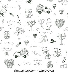 Romantic seamless vector doodle pattern with valentine's day animals, hearts, celebration objects.