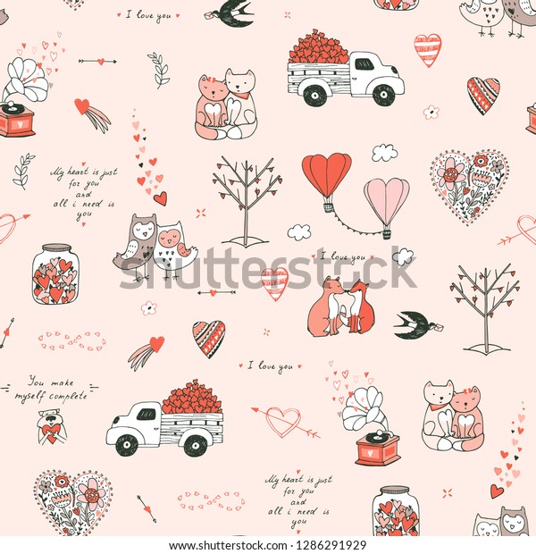 Romantic seamless vector\
doodle pattern with valentine\'s day animals, hearts, celebration\
objects.