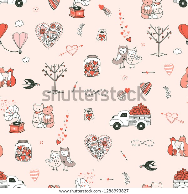 Romantic seamless vector\
doodle pattern with valentine\'s day animals, hearts, celebration\
objects.