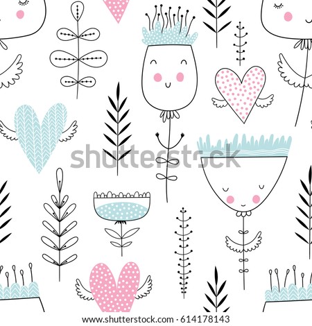 Romantic seamless vector floral pattern with smiling flowers and flying hearts