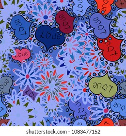 Romantic seamless. Vector illustration. Love repeated backdrop for girl, textile, clothes, wrapping paper. Valentine':s day. Sketch heart elements on neutral, blue, black, red and green colors.