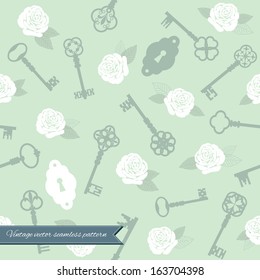 Romantic seamless vector pattern background with antique keys and white roses on mint green. 