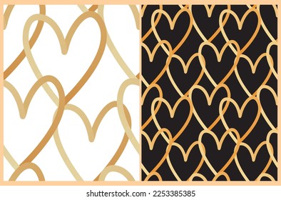 Romantic Seamless Vector Pattern with Hand Drawn Hearts Isolated on a White and Black Background. Simple Irregular Background with Golden Hearts ideal for Fabric, Textile, Wrapping Paper.