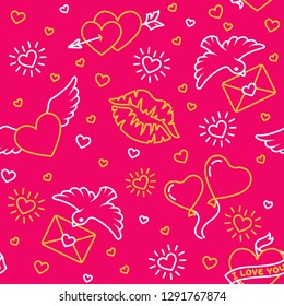 Romantic seamless vector pattern related to Valentine's day on a pink background
