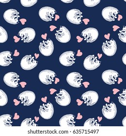 Romantic seamless vector pattern with sleeping cats with hearts on the dark blue background