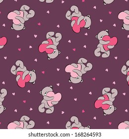 Romantic seamless vector pattern with teddy bears hugging hearts