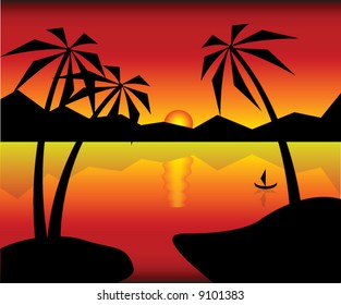 Romantic Seascape. palm. vector illustration