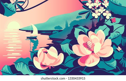 Romantic seascape with tropic flowers in the foreground, mountains, trees and a yacht in the background. Handmade drawing vector illustration. Can be used for posters, banners, postcards, books & etc.