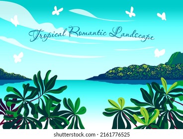 Romantic seascape with tropic leafs in the foreground, islands and trees in the background. Handmade drawing vector illustration. Can be used for posters, banners, postcards, books and etc.