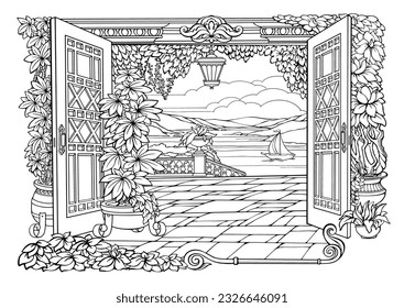 Romantic Secret Garden. Coloring Page with open doors, flowers, and plants in big vases. Tropical pattern. Coloring Book. Anti-stress colouring pages. Freehand linear style. Vector in black and white