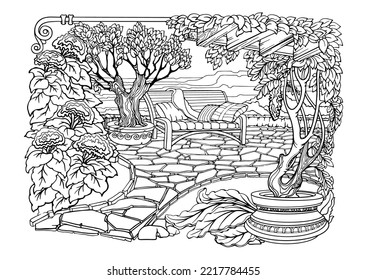 Romantic Secret Garden. Coloring Pages. Anti-stress colouring page. Vector.
