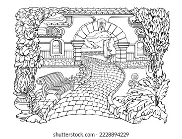 Romantic Secret Garden. Coloring Pages. Anti-stress colouring page. Vector.