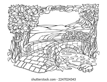 Jardín Secreto Romántico. Coloriendo páginas. Página de coloreo antiestrés. Vector.