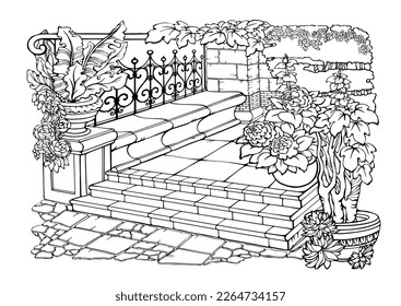 Romantic Secret Garden. Coloring Pages. Coloring Book for adults. Anti-stress colouring page with stone steps, exotic flowers and bushes. Freehand linear style. Vector illustration in black and white.