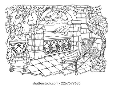 Jardín Secreto Romántico. Coloriendo páginas. Libro de Colores para adultos. Página de coloreo antiestrés con arcos de piedra, banco y planta en una olla. Estilo lineal a mano alzada. Vector en blanco y negro.