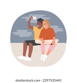 Romantic selfies isolated cartoon vector illustration. Teen couple taking selfies at roof, teenager lifestyle, romantic moment, relationship, first love, happy together vector cartoon.