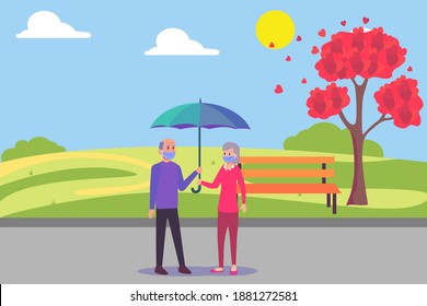Romantic senior couple in face mask walking at the park while holding umbrella