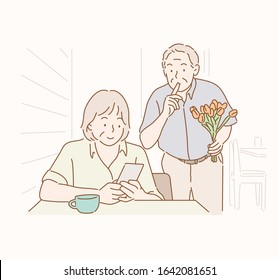 Romantic senior holding a bunch of flowers and holding a finger on lips. Hand drawn style vector design illustrations.