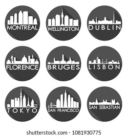 Romantic Set 1 Skyline Silhouette Icon Flat Vector Design Collection Round